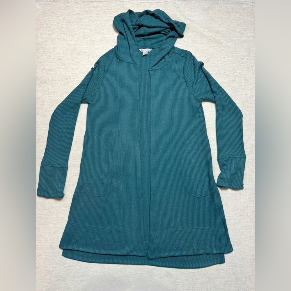 Athleta Harmony Pose Wrap Teal Cardigan Hooded Size Small Ribbed Yoga Athleisure - Picture 2 of 7
